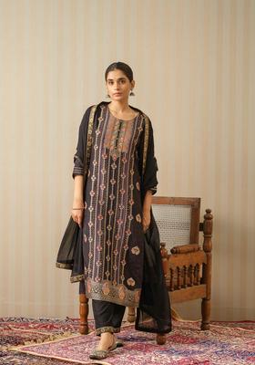 Black Printed Silk Blend Kurta Set