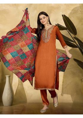Orange Embroidery Silk Kurta Set