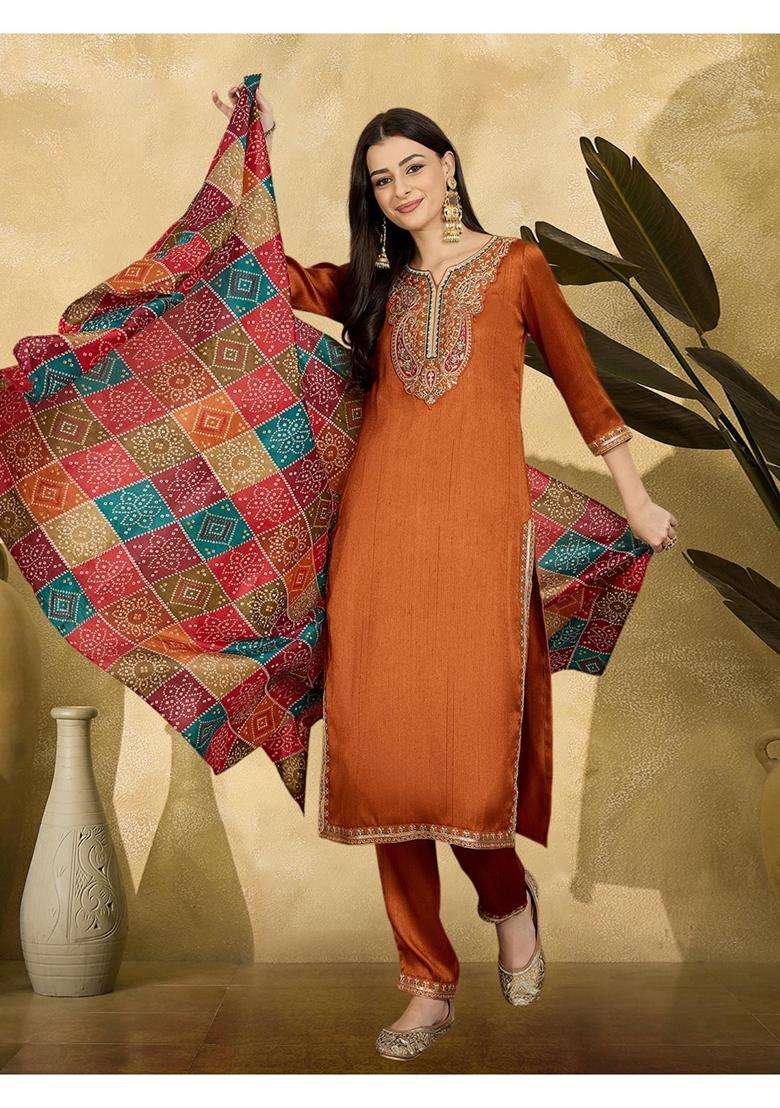 Orange Embroidery Silk Blend Kurta Set - Indya
