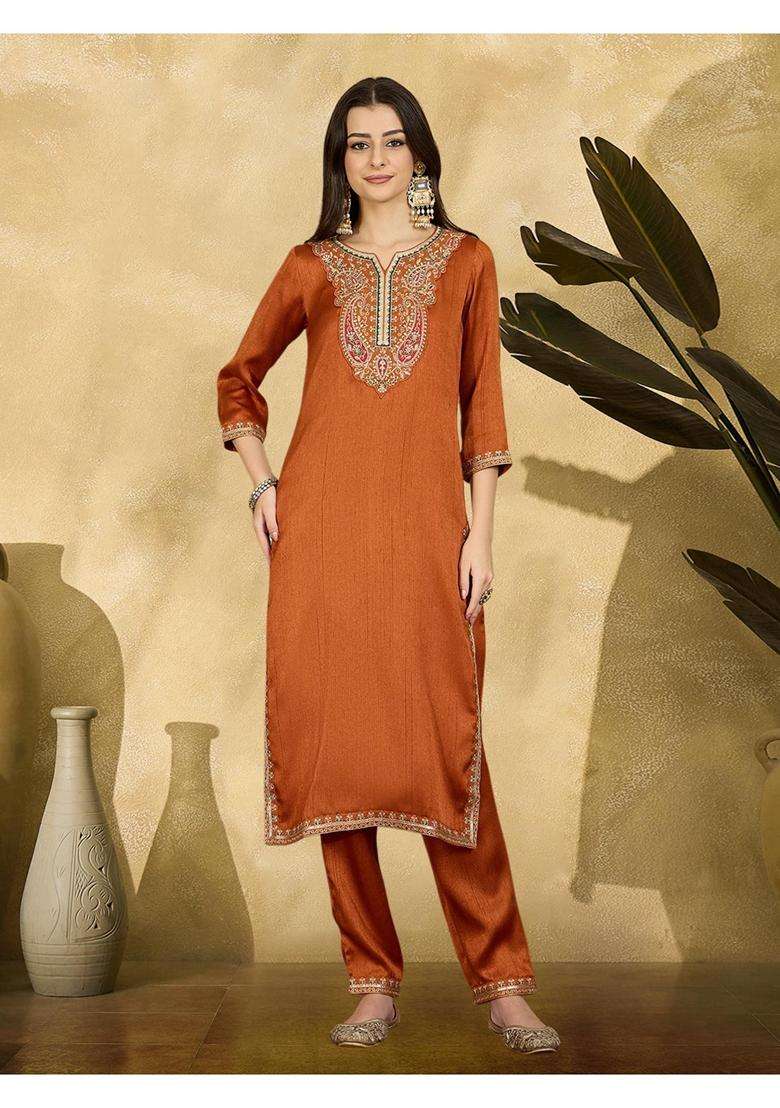 Orange Embroidery Silk Blend Kurta Set - Indya