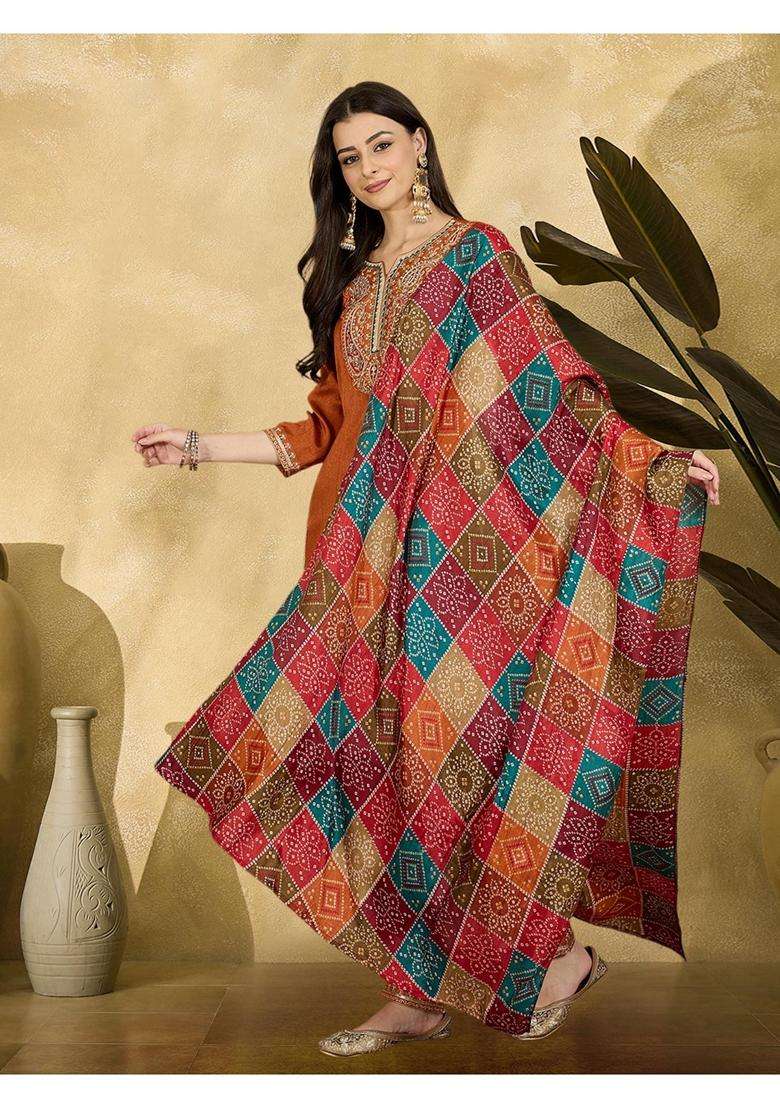 Orange Embroidery Silk Blend Kurta Set - Indya