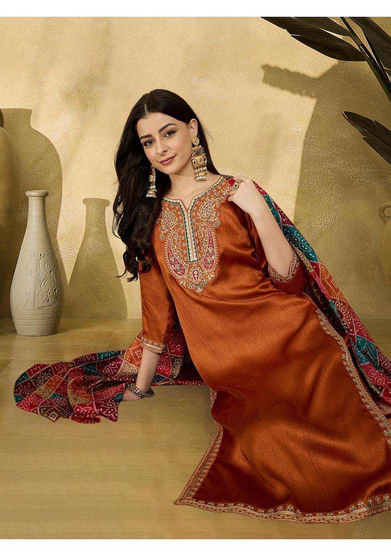 Orange Embroidery Silk Blend Kurta Set - Indya
