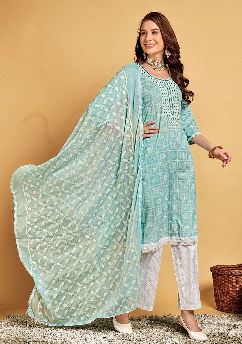 Blue Embroidery Viscose Kurta Set - Indya