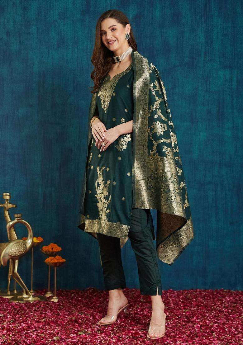Green Woven Silk Blend Kurta Set - Indya