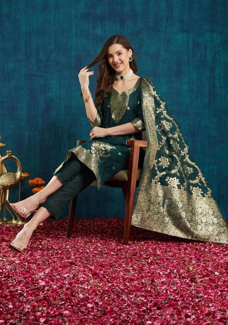 Green Woven Silk Blend Kurta Set - Indya