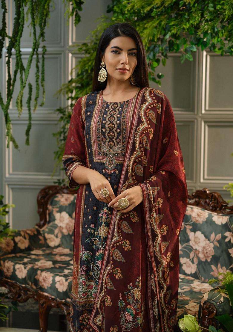 Maroon Printed Polyester Kurta Set - Indya