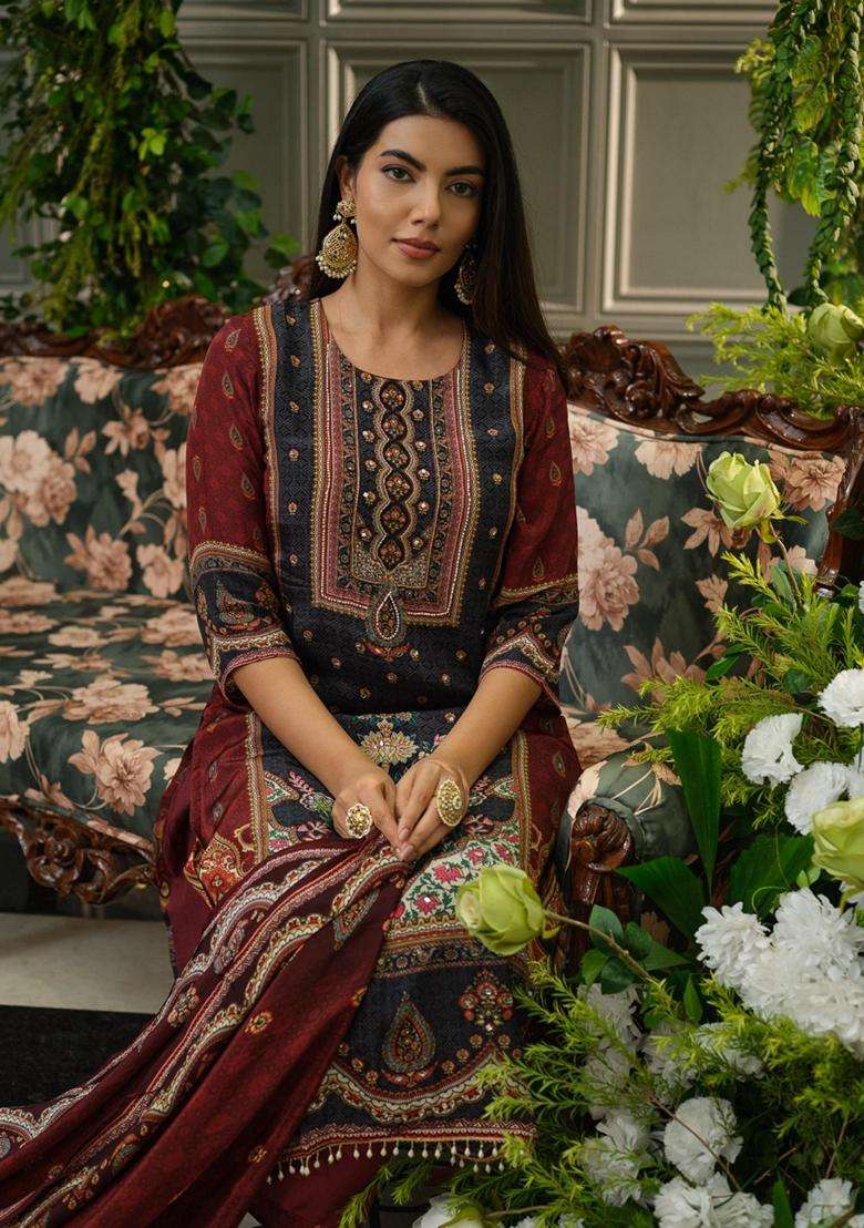 Maroon Printed Polyester Kurta Set - Indya