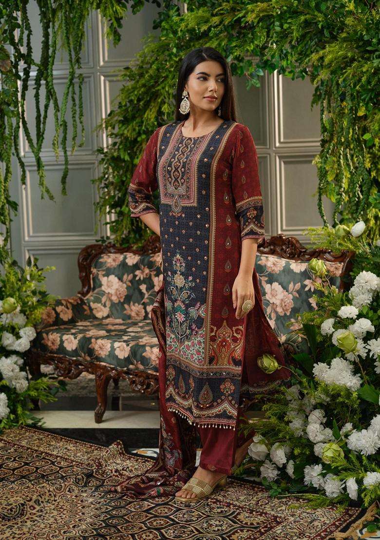 Maroon Printed Polyester Kurta Set - Indya