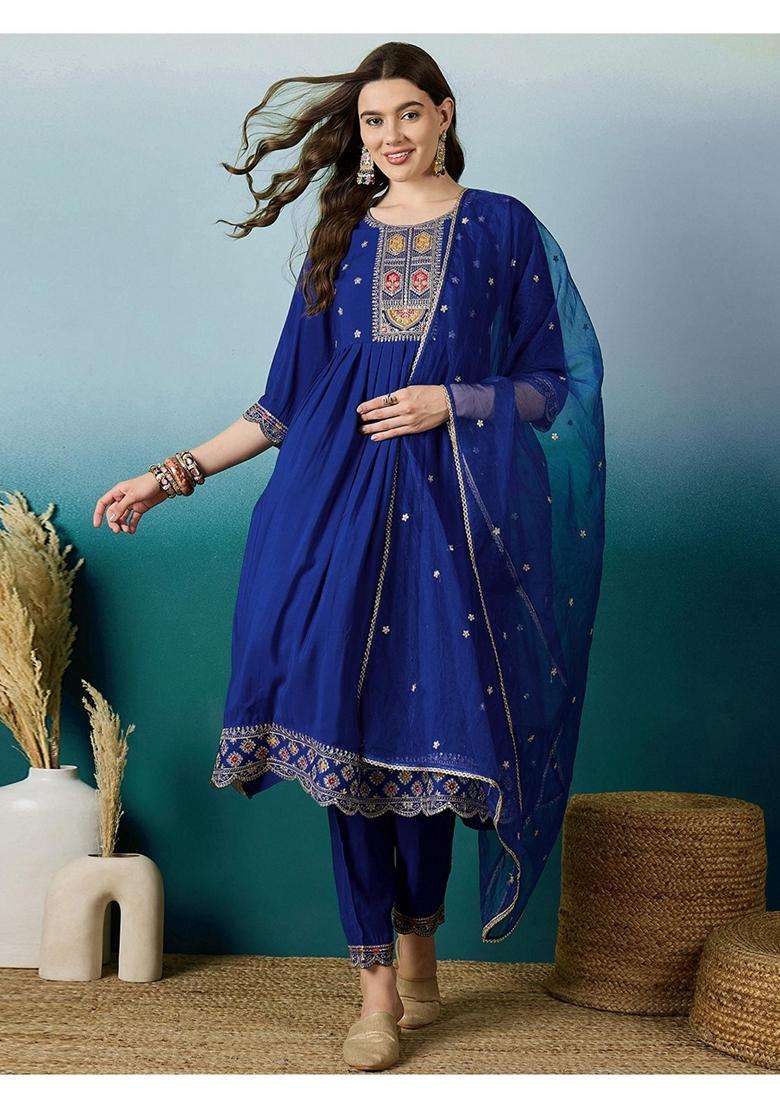Blue Embroidery Silk Blend Kurta Set - Indya