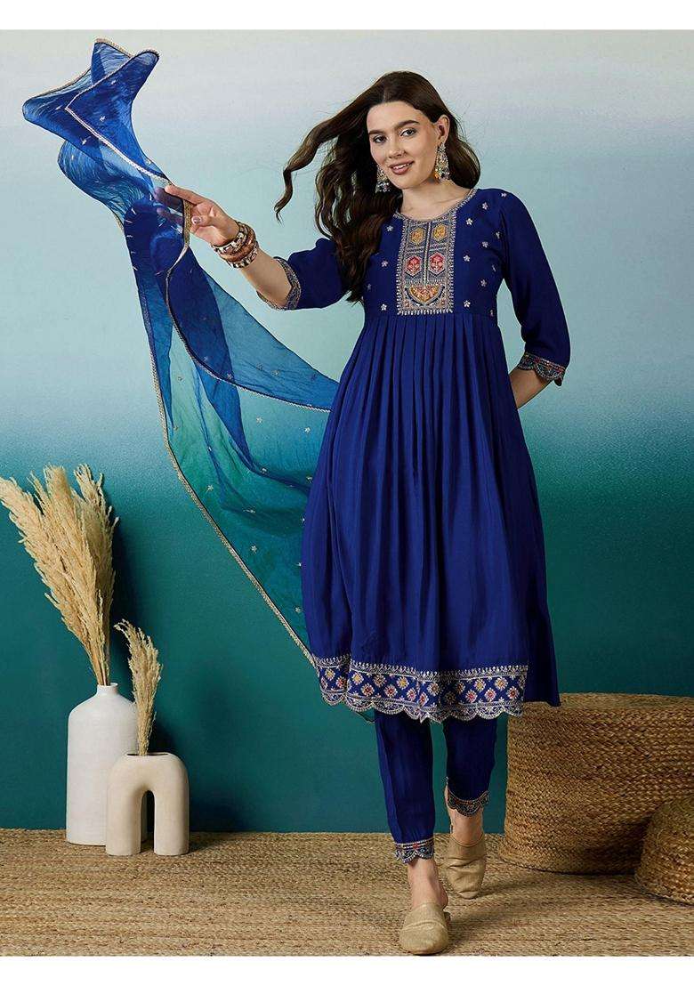 Blue Embroidery Silk Blend Kurta Set - Indya