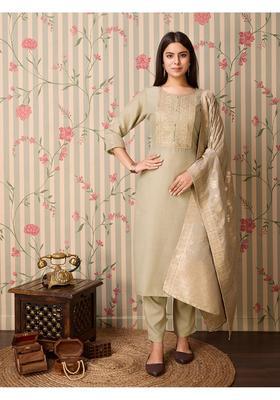 Beige Embroidery Silk Kurta Set