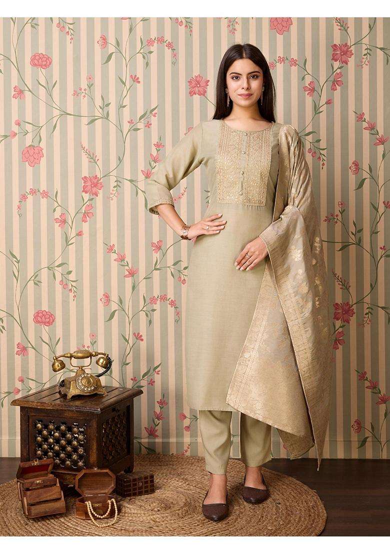Beige Embroidery Silk Blend Kurta Set - Indya