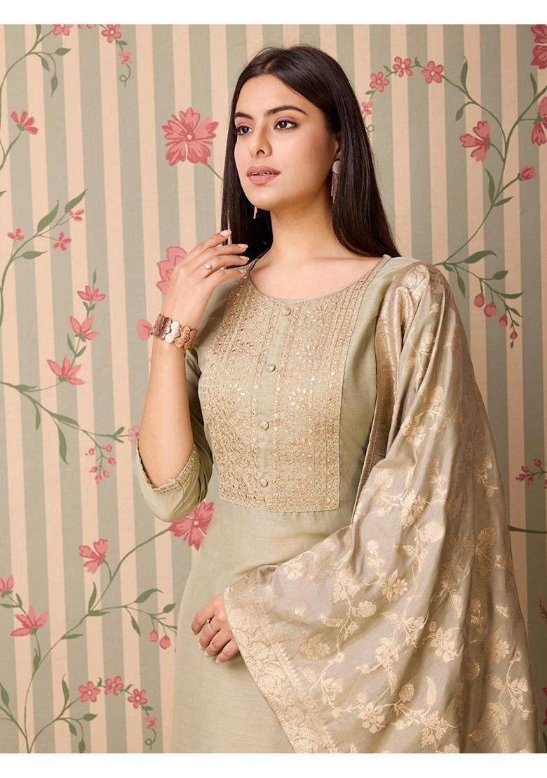 Beige Embroidery Silk Blend Kurta Set - Indya