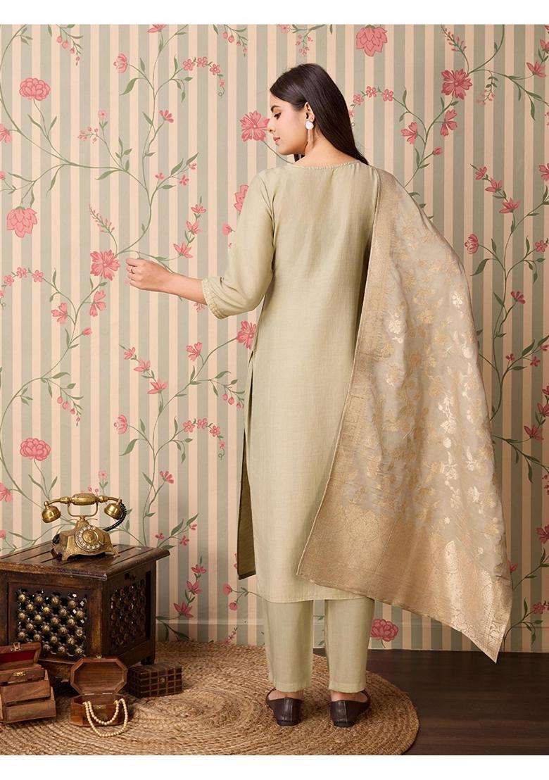 Beige Embroidery Silk Blend Kurta Set - Indya