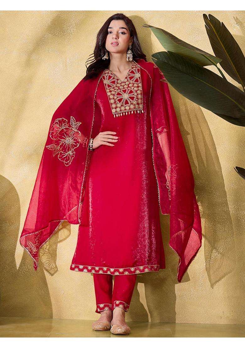 Red Embroidery Silk Blend Kurta Set - Indya