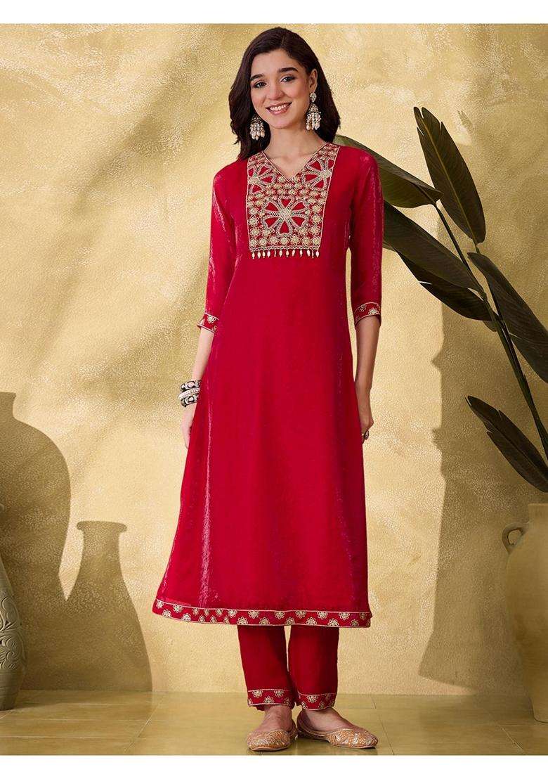 Red Embroidery Silk Blend Kurta Set - Indya