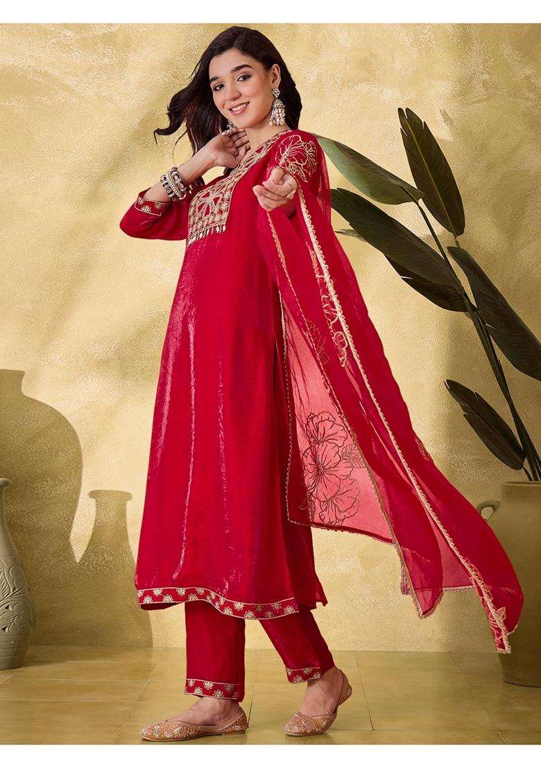 Red Embroidery Silk Blend Kurta Set - Indya