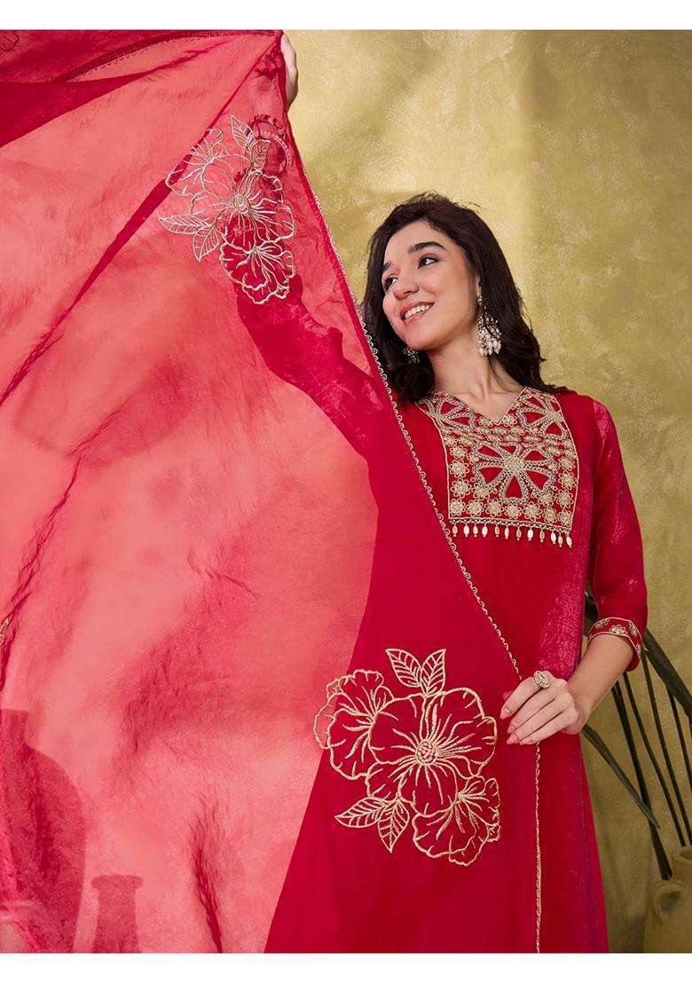 Red Embroidery Silk Blend Kurta Set - Indya