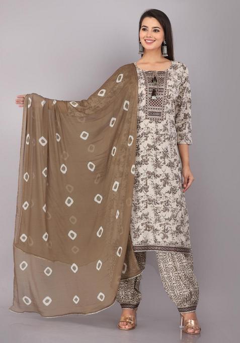 Beige Floral Cotton Salwar Suit Set — view on Indya