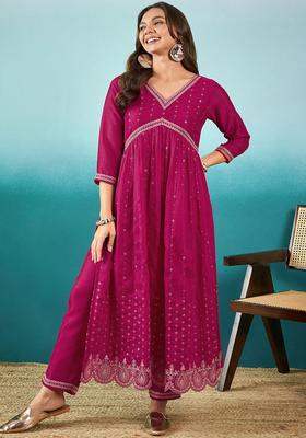 Rani Pink Embroidery Silk Kurta Set