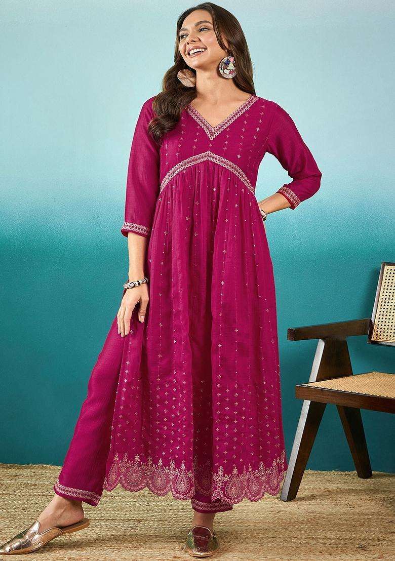 Rani Pink Embroidery Silk Blend Kurta Set - Indya