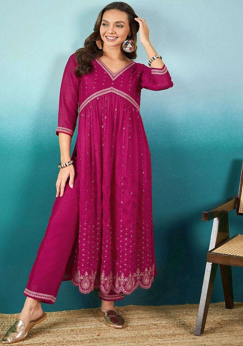 Rani Pink Embroidery Silk Blend Kurta Set - Indya