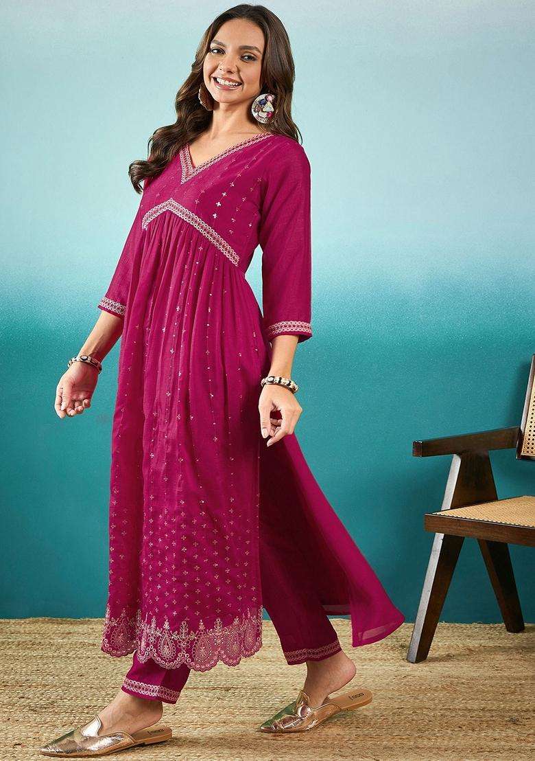 Rani Pink Embroidery Silk Blend Kurta Set - Indya