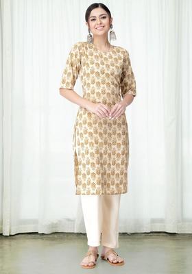 Cream Printed Crepe Kurta Set