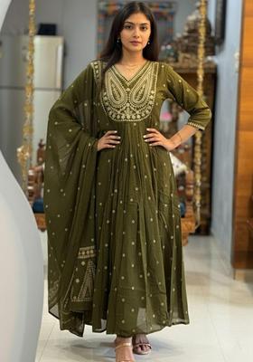 Green Embroidery Rayon Anarkali Set