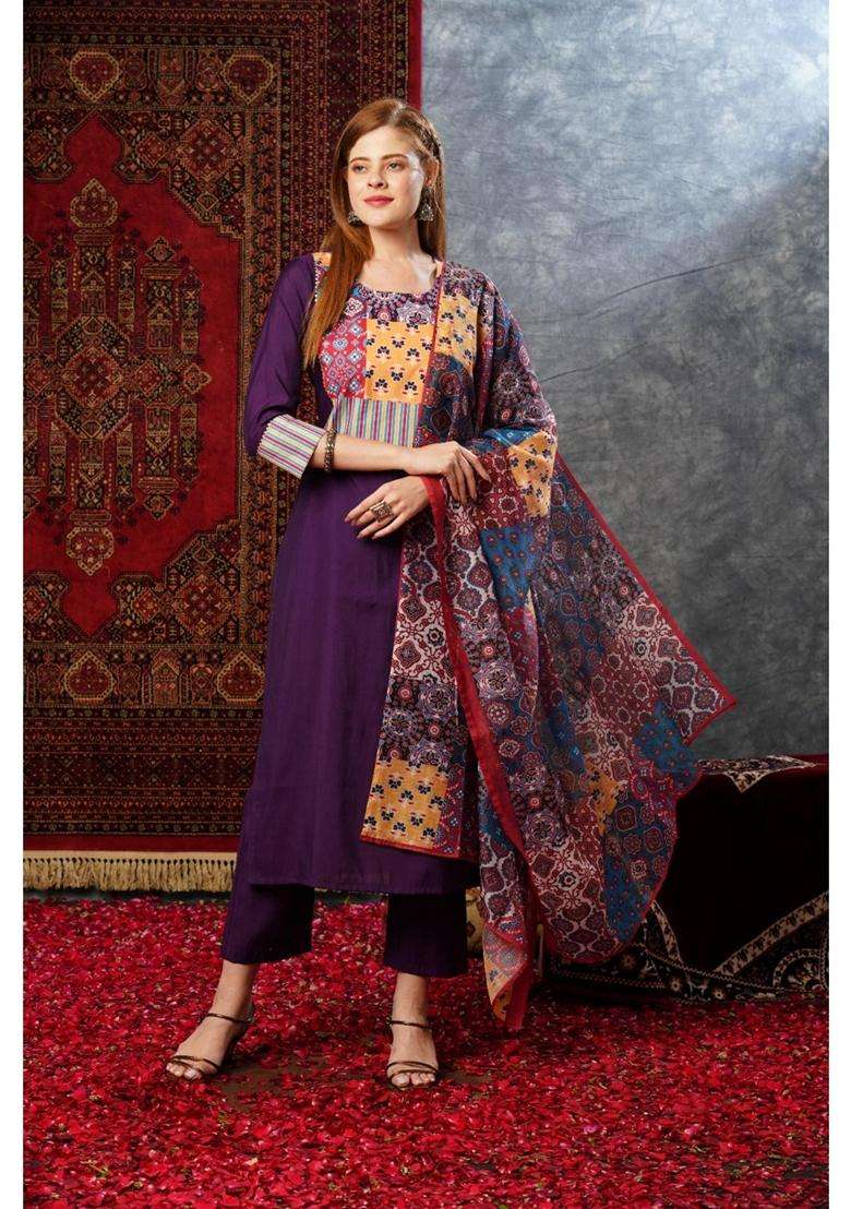 Purple Printed Rayon Kurta Set - Indya