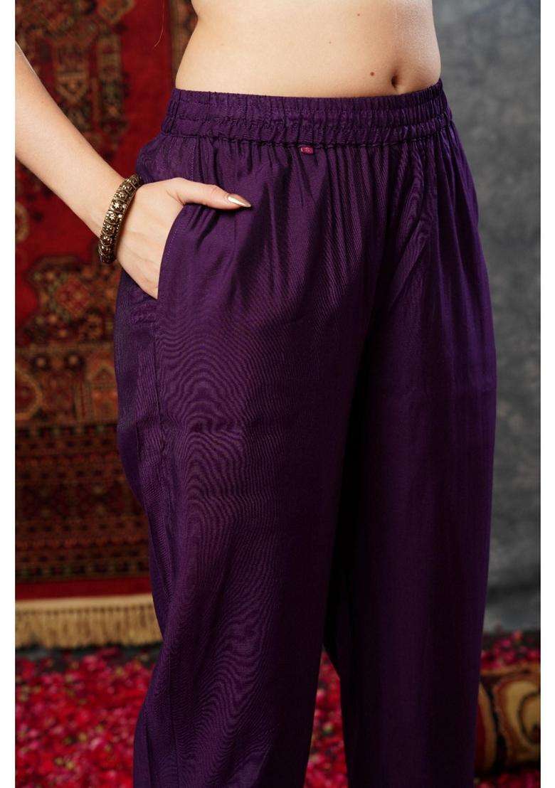 Purple Printed Rayon Kurta Set - Indya