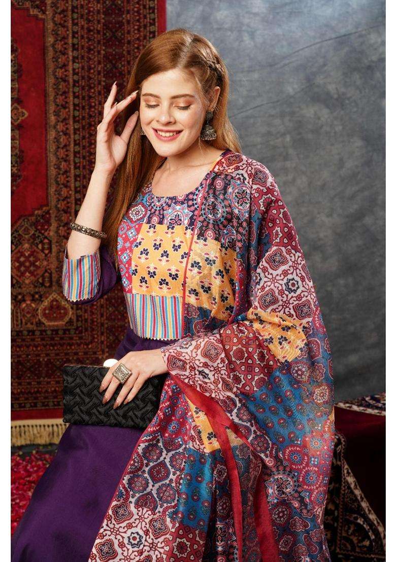 Purple Printed Rayon Kurta Set - Indya