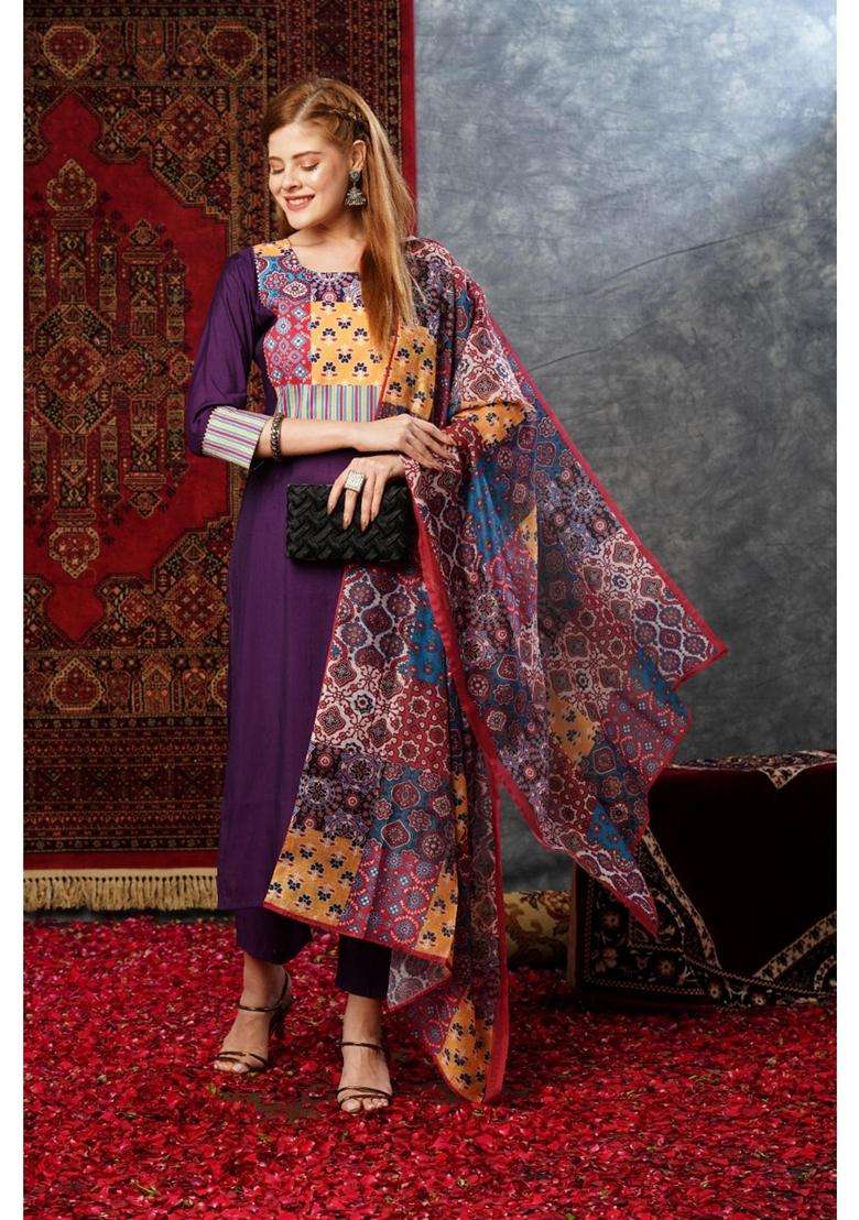 Purple Printed Rayon Kurta Set - Indya