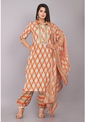 Brown Printed Cotton Salwar Suit Set