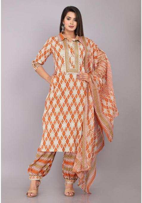 Brown Printed Cotton Salwar Suit Set — view on Indya
