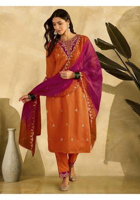 Orange Embroidery Silk Kurta Set
