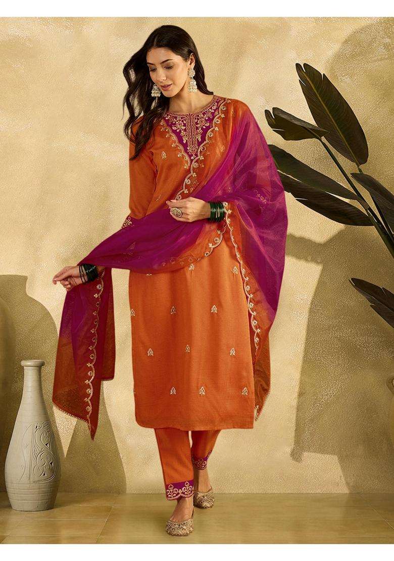 Orange Embroidery Silk Blend Kurta Set - Indya