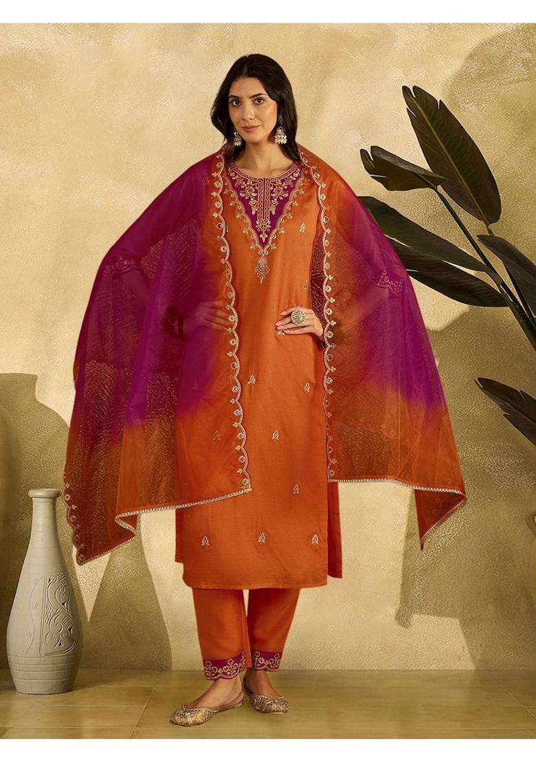 Orange Embroidery Silk Blend Kurta Set - Indya