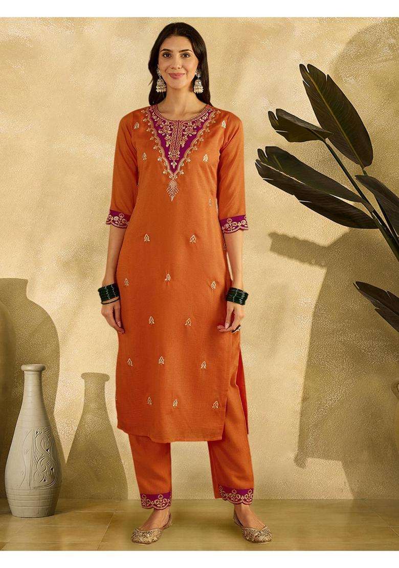 Orange Embroidery Silk Blend Kurta Set - Indya