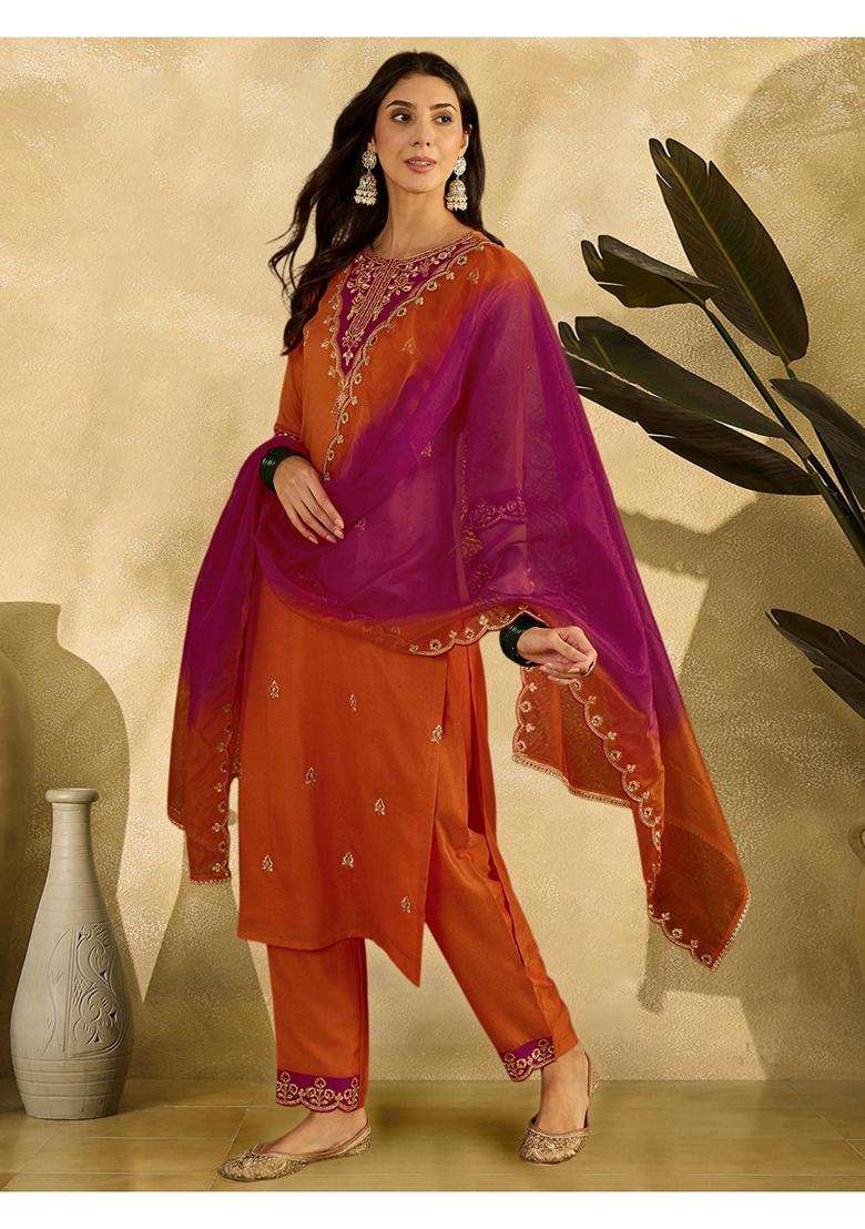 Orange Embroidery Silk Blend Kurta Set - Indya