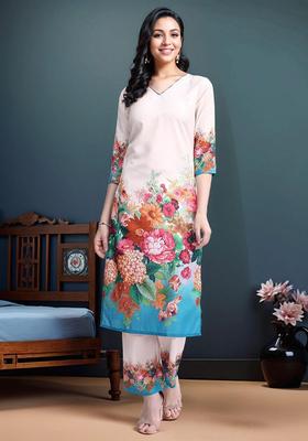 Beige Floral Cotton Kurta Set