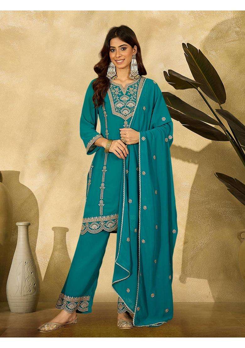 Teal Embroidery Georgette Kurta Set - Indya