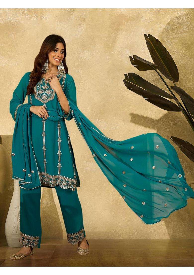 Teal Embroidery Georgette Kurta Set - Indya