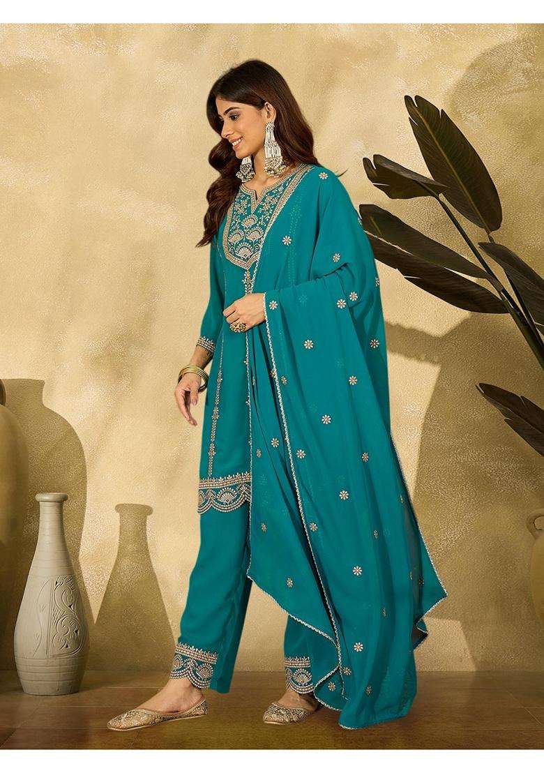 Teal Embroidery Georgette Kurta Set - Indya