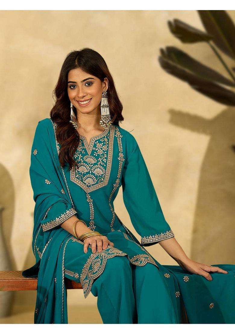 Teal Embroidery Georgette Kurta Set - Indya