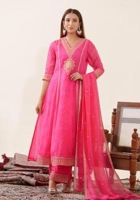 Pink Embroidery Silk Kurta Set