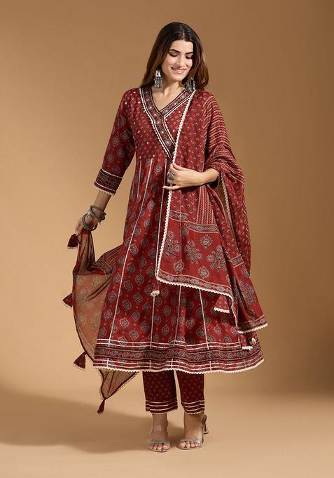 Rust Floral Cotton Angarkha Set — view on Indya