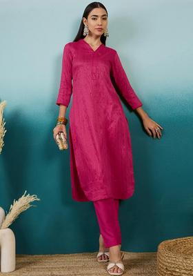 Pink Embroidery Cotton Kurta Set