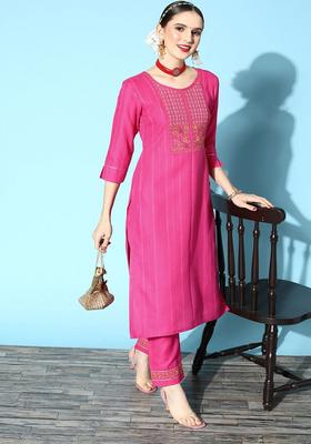 Pink Embroidery Cotton Kurta Set