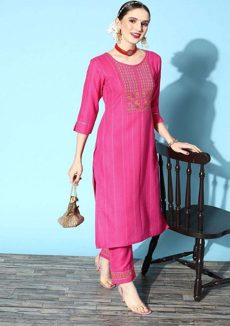 Pink Embroidery Cotton Kurta Set - Indya
